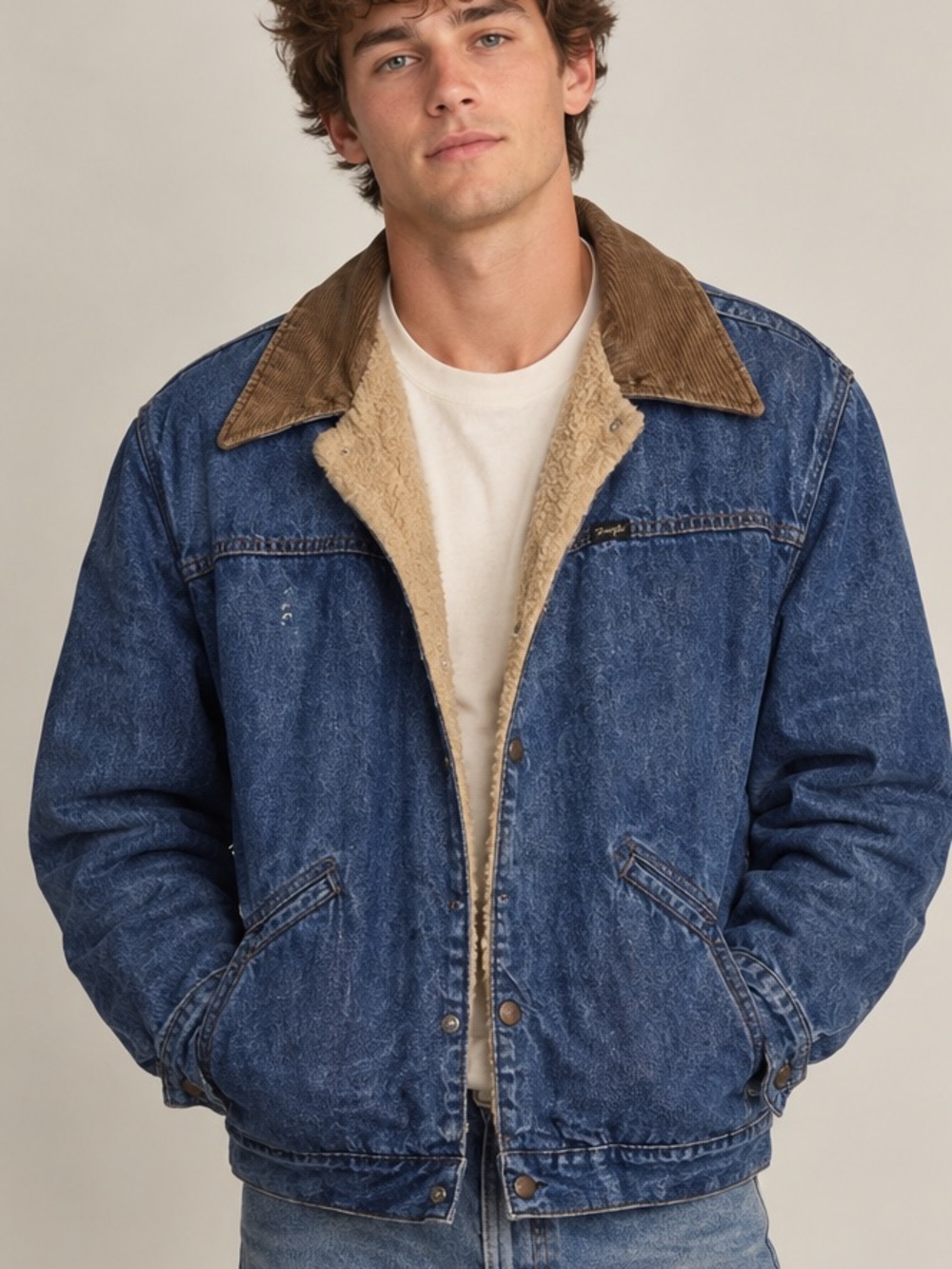Wrangler Vintage 80s Sherpa-Lined Denim Barn / Chore Jacket with Corduroy Collar